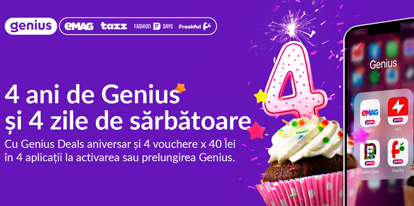 Genius oferă 160 lei în vouchere eMAG, Tazz, Fashion Days și Freshful pentru un abonament anual de 99 lei